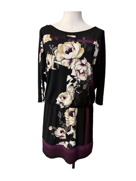 White House Black Market Dresses & Skirts - White House Black Market Black Floral Long-Sleeve Dress with Plum Trim
